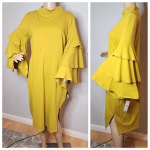 NWT Dressember Organic Cotton Alex Dress Tiered Flare Sleeves Golden Green Mediu